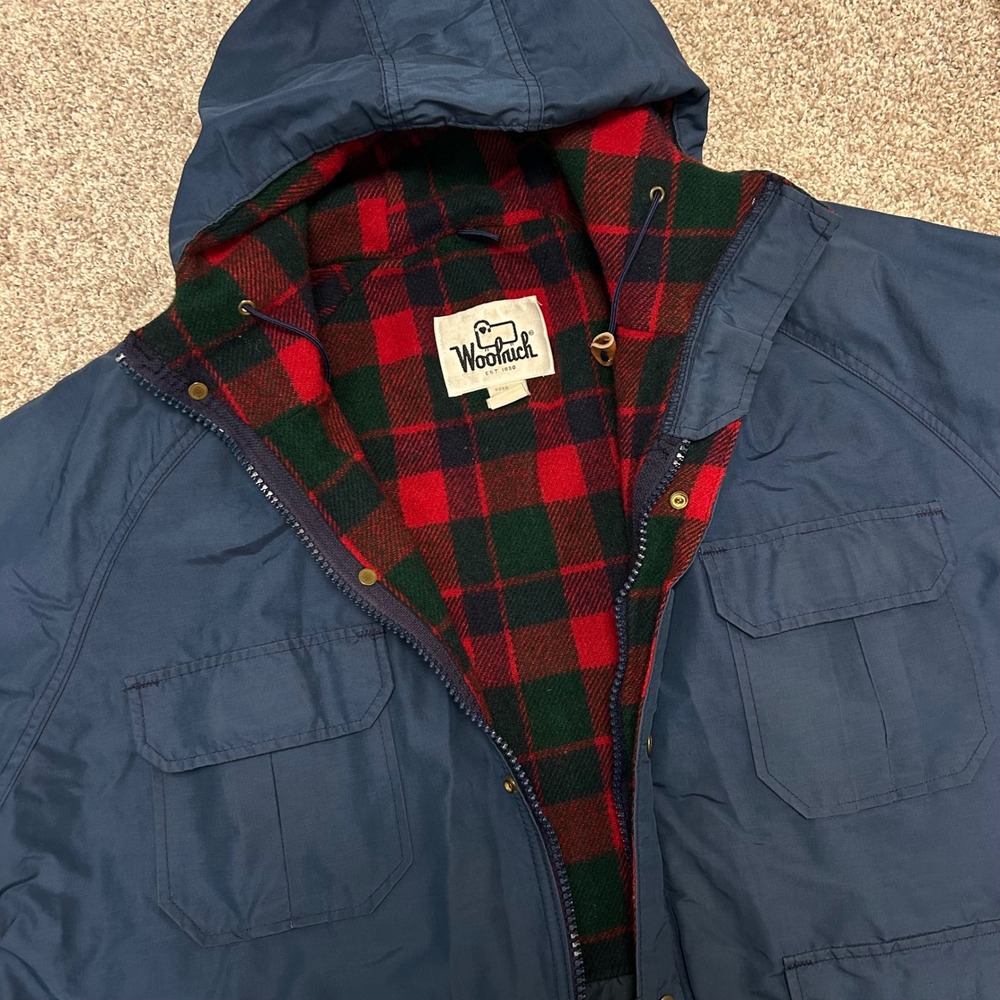 Vintage Woolrich Parka Hooded Coat USA Made Men Size XL Plaid Blanket Lined Blue